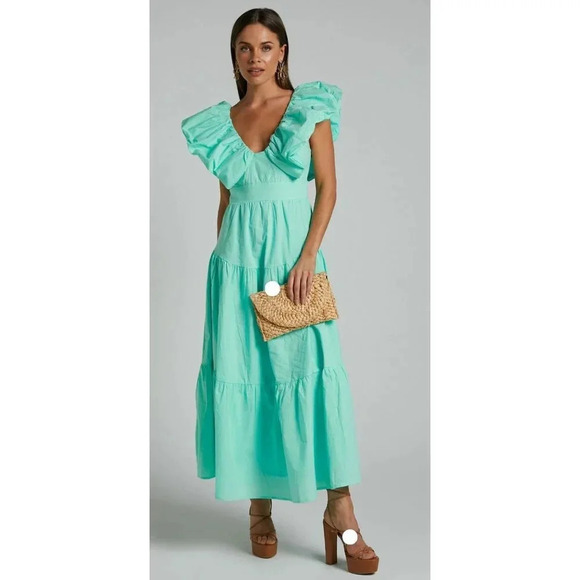 Mika & Gala Womens Kahlo Puffed Ruffle Neckline Maxi Dress Mint Green Size Small - Picture 1 of 16